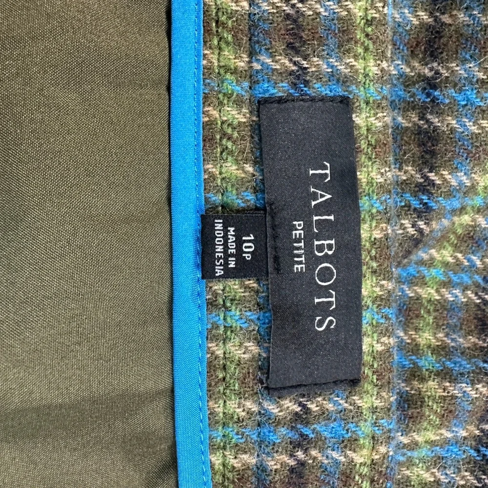 Talbots Petite Wool Blend Faux Wrap‎ Fringe Plaid Skirt Olive Blue Green 10P
